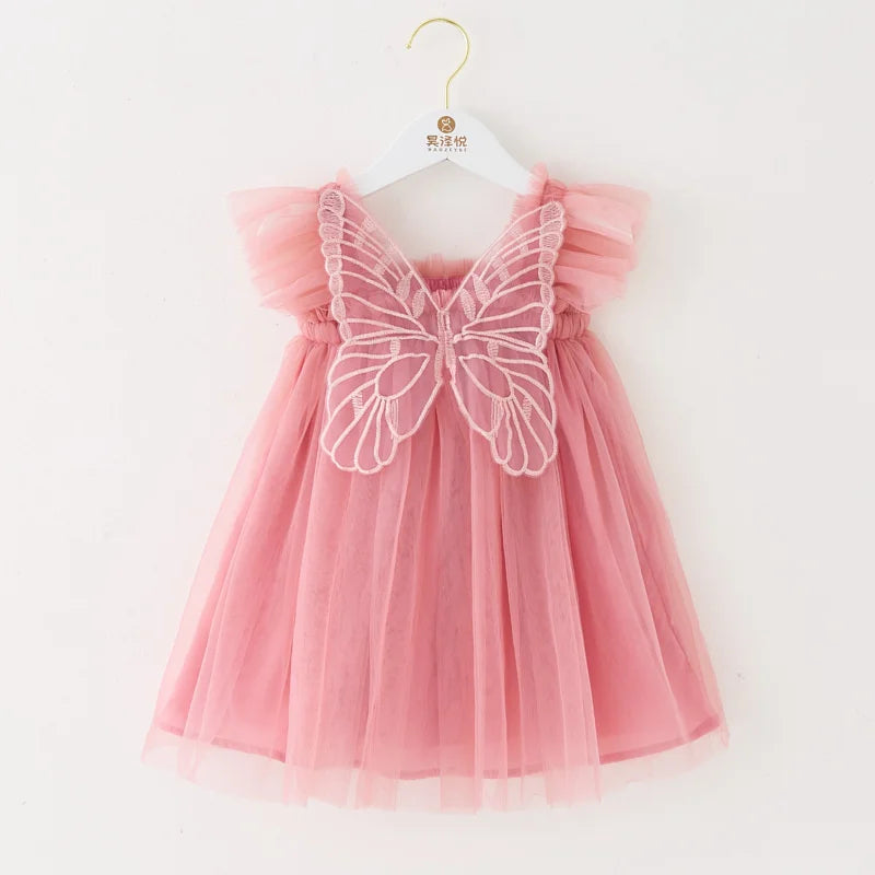Children's Girl Dresses With Butterfly Wing Fashion Kids Tulle Dress For Girls 2-8Y Summer New Sleeveless Mesh Princess Clothes
