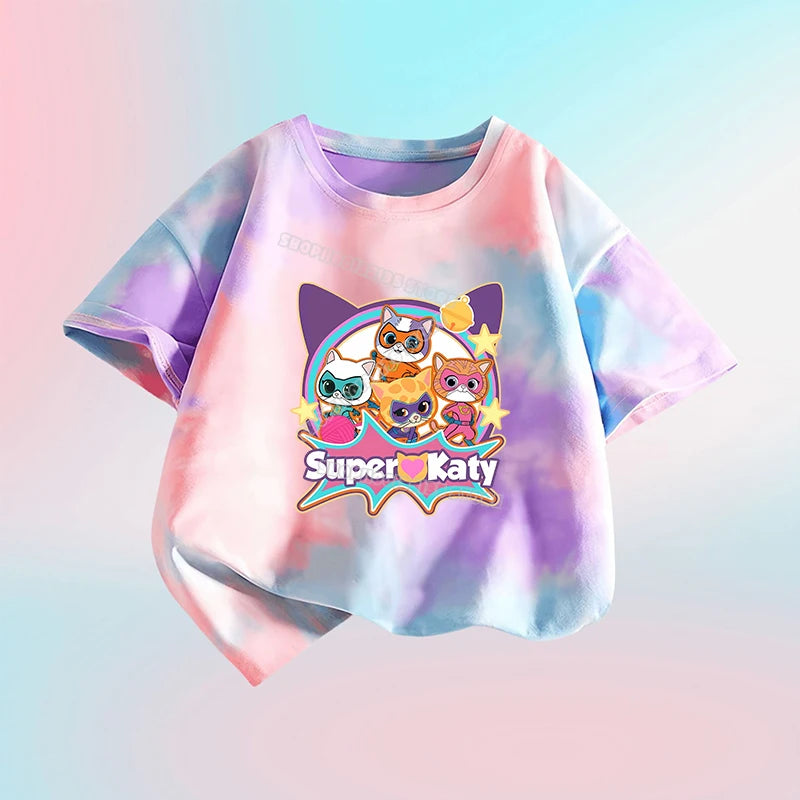 Kawaii Super Kitties Children T-shirt Tops Baby Cute Cat Short Sleeve Casual Clothes Girl Kids Tie Dye Tops Clothing Shirts Gift