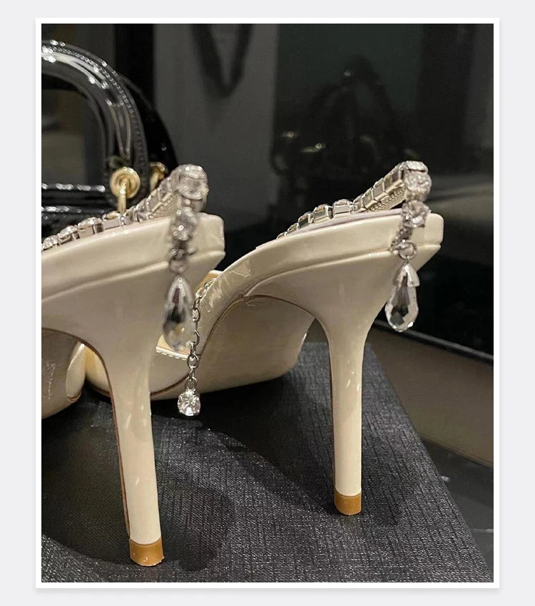 2025 New Mesh Hot Drilled Sexy Versatile Pointed Shallow Mouth Water Diamond Chain High Heels Baotou Sandals for Women