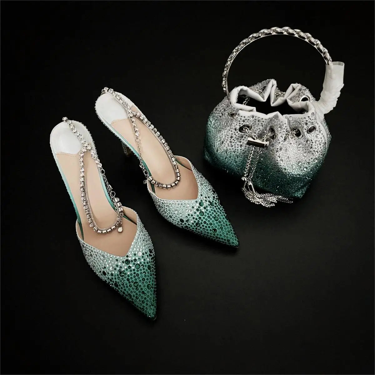 CHMURY Pointed Toe Rhinestone Heels and bag Set for Women Luxury Wedding Party