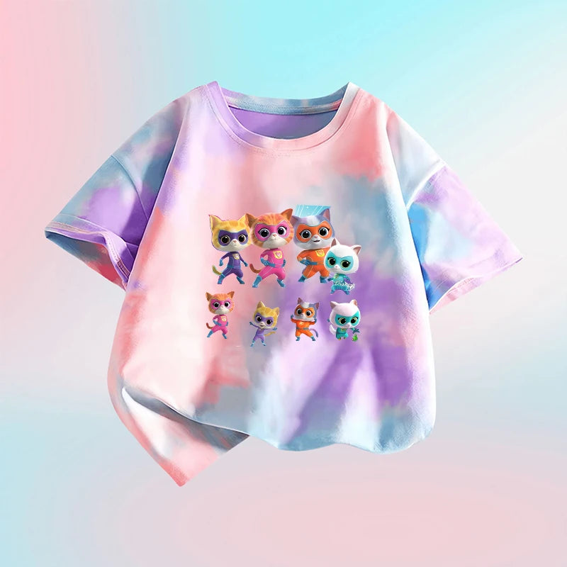 Kawaii Super Kitties Children T-shirt Tops Baby Cute Cat Short Sleeve Casual Clothes Girl Kids Tie Dye Tops Clothing Shirts Gift