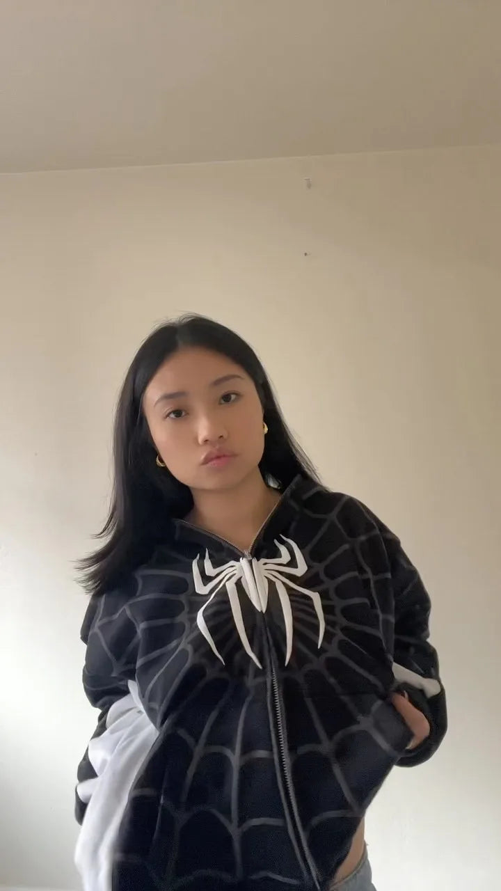 New Gothic Dark Spider Print Hooded Cardigan Women's Zip Loose Jacket Tops Woman