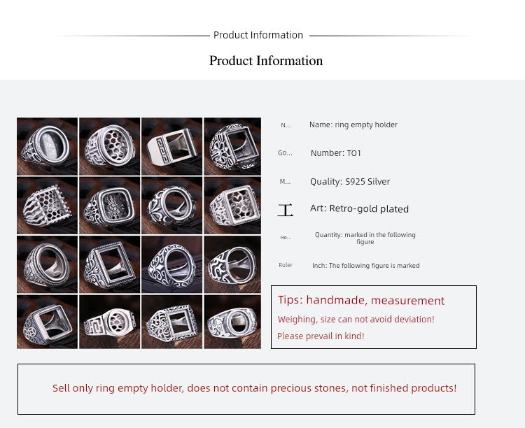 S925 Sterling Silver Ring Frame DIY Inlaid Beeswax Turquoise Amber South Red Ring Gem Opening Men Square Ring Setting