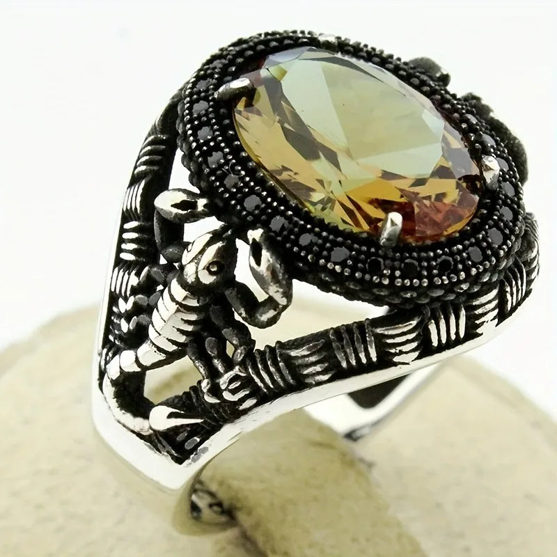 Retro Handmade Turkish Signet Rings For Men Ancient Carved Scorpion Animal Rings Yellow Zircon Inlay Fashion Muslim Jewelry