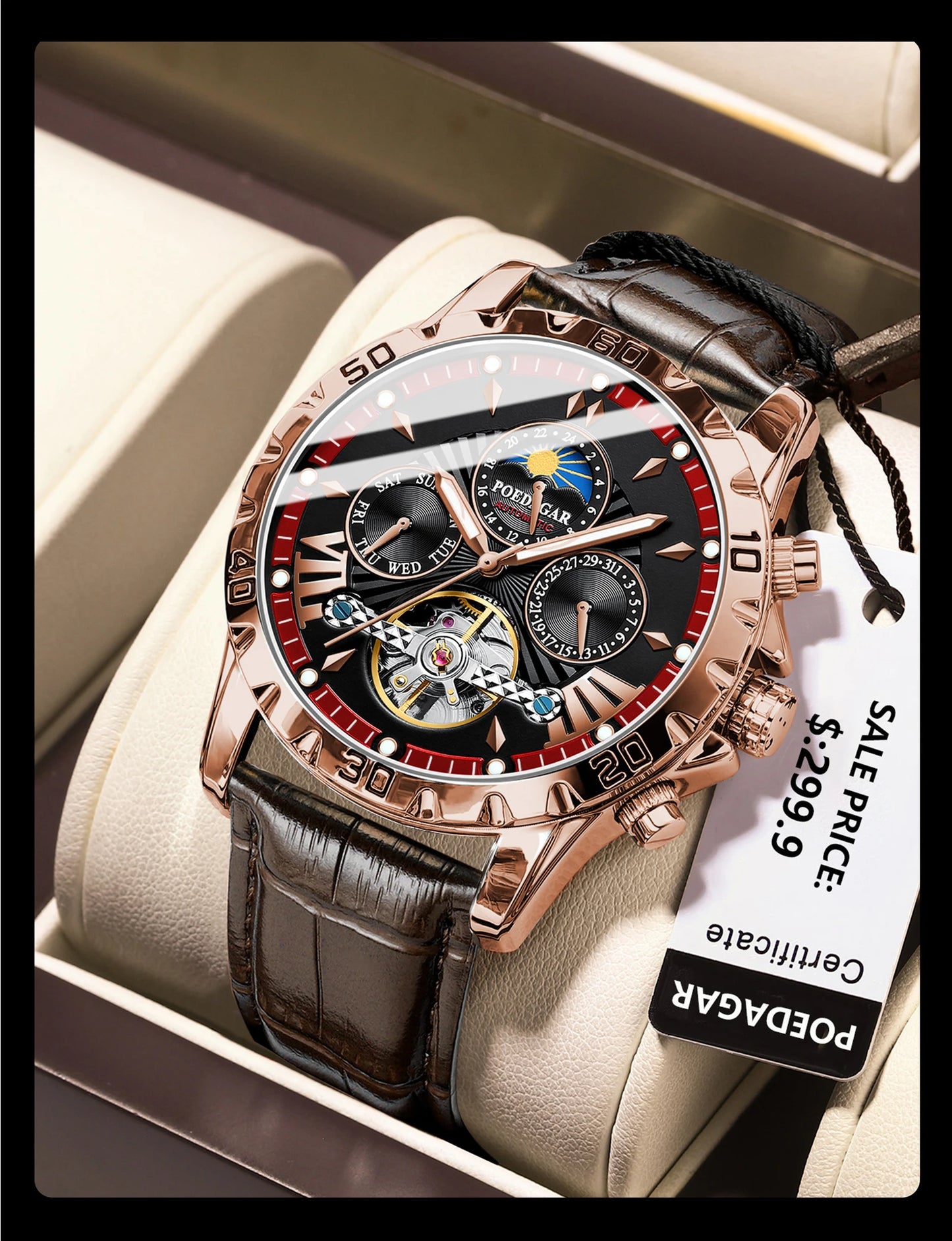 POEDAGAR Luxury Automatic Mechanical Wristwatch Waterproof Luminous Date Week Tourbillon Leather Men Watch Men's Fashion Watches