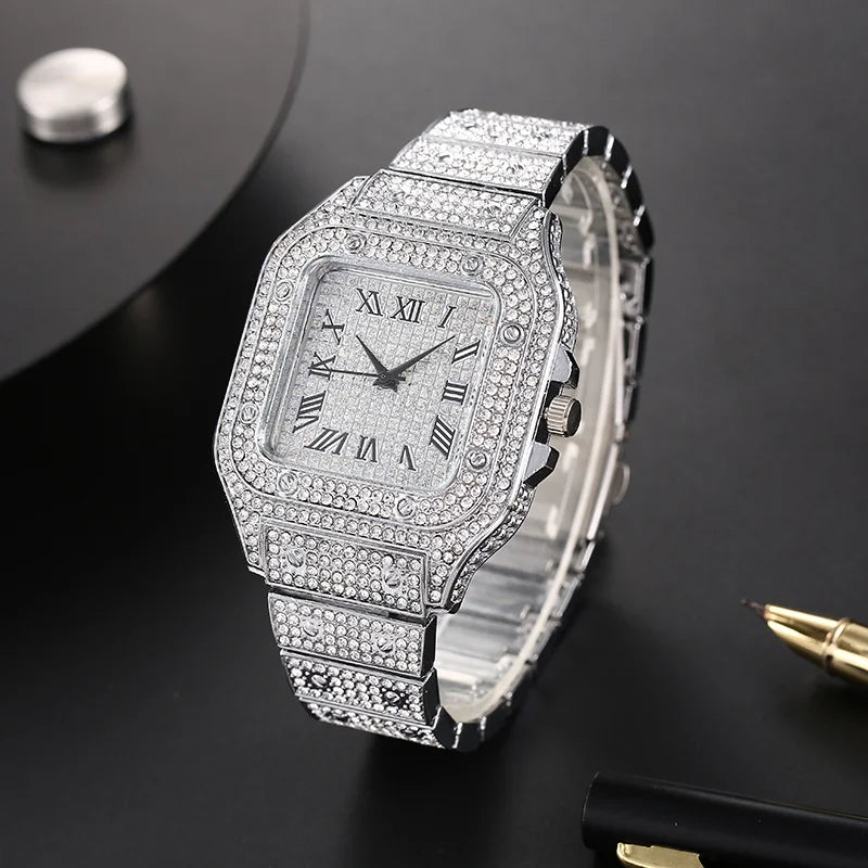 Luxury Classic Business Men's Steel Strap Square Roman Scale Rhinestone Quartz Watch Fashion Male Wristwatch Relogio Masculino