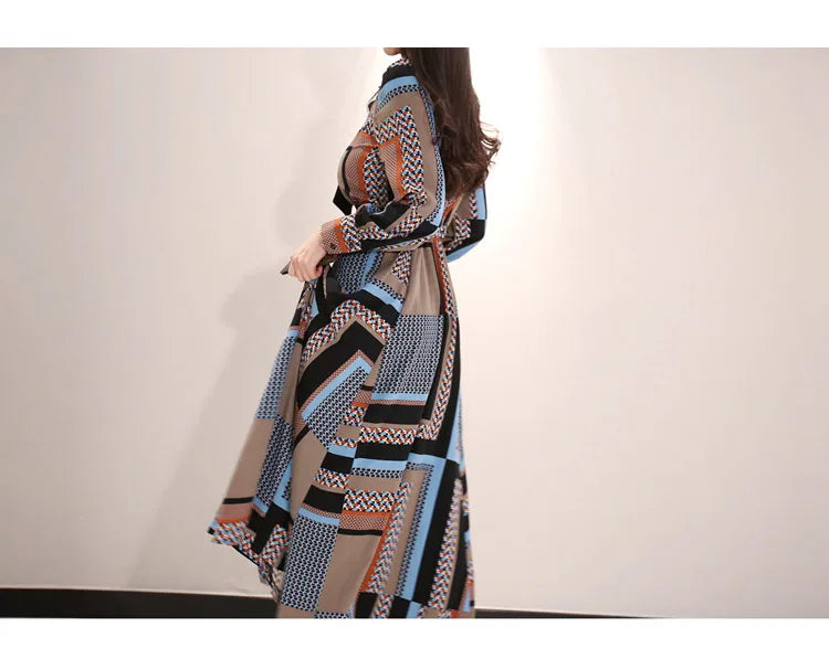 H Han Queen Vintage Print Elegant Long Dress Women Spring Single-breasted Shirt Dresses Waist Swing Ankle-length Vestidos