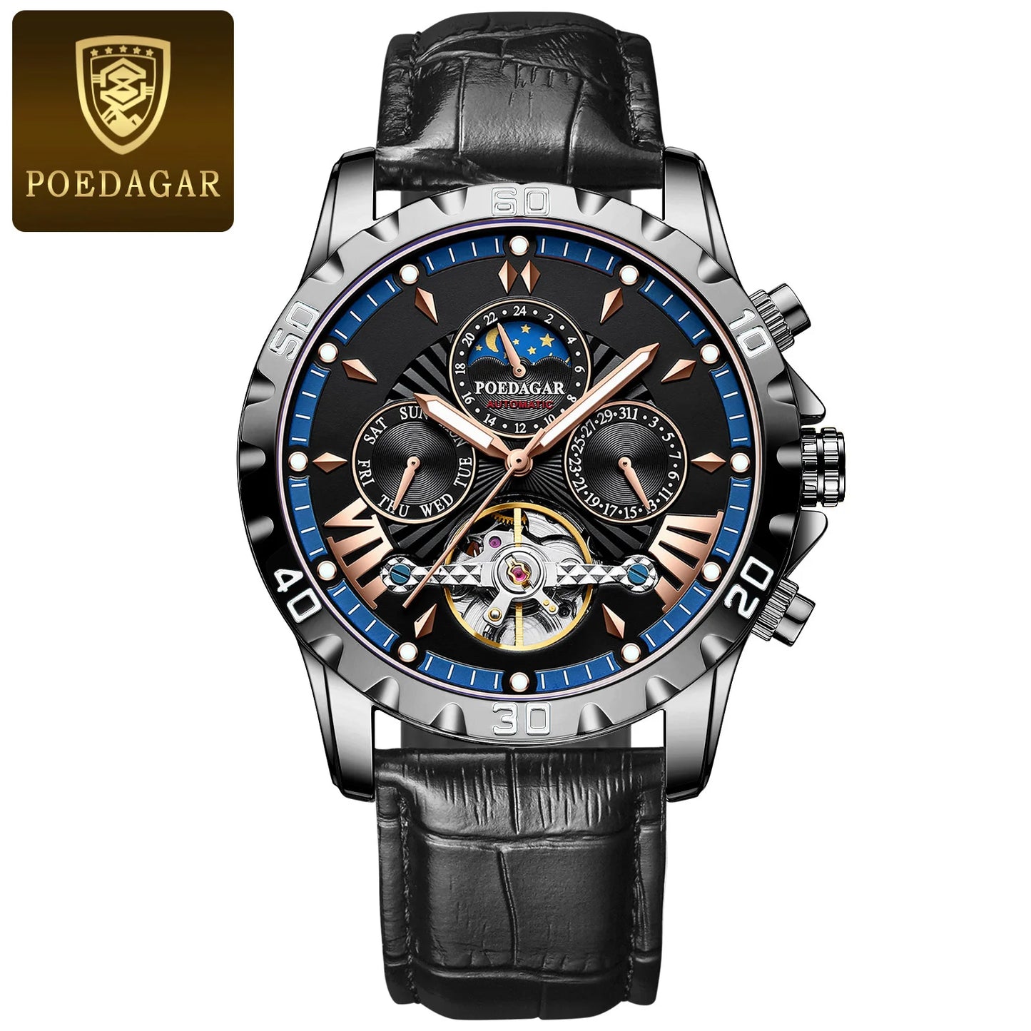 POEDAGAR Luxury Automatic Mechanical Wristwatch Waterproof Luminous Date Week Tourbillon Leather Men Watch Men's Fashion Watches