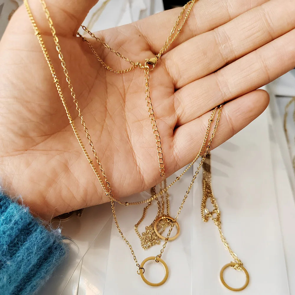 Stainless steel necklace for women Double necklace Vintage Bohemian round pendant necklace jewelry