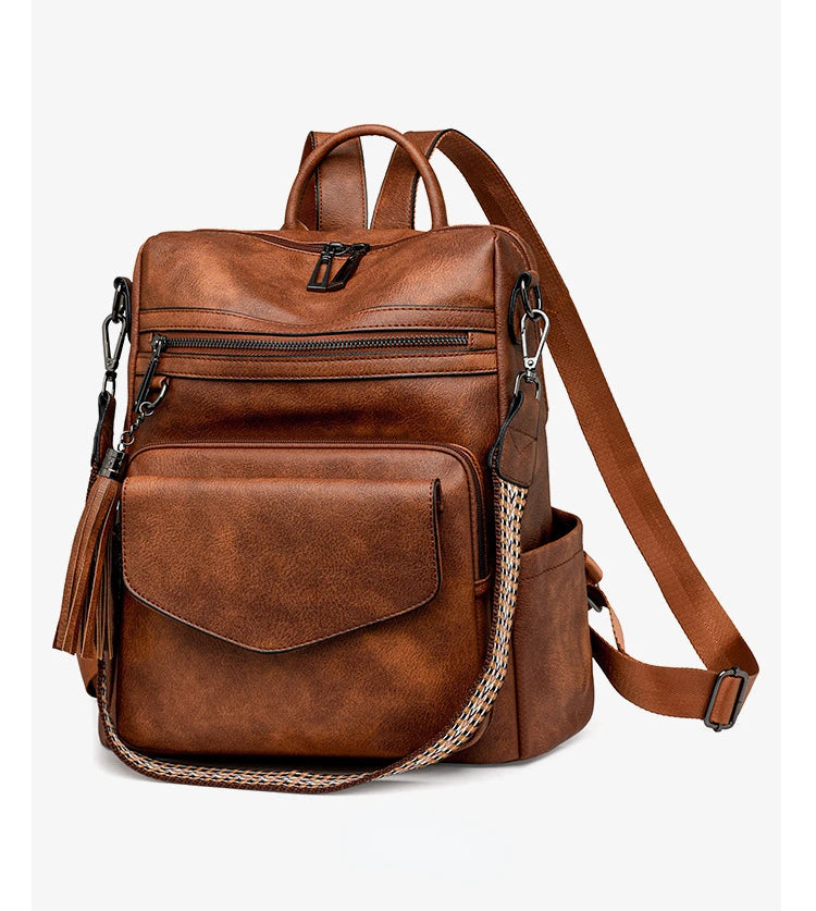 Backpack for Women Large Womens Backpack Leather Travel Fashion Purse Designer Ladies Shoulder Bags with Tassel Two-toned Brown