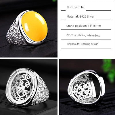 S925 Sterling Silver Ring Frame DIY Inlaid Beeswax Turquoise Amber South Red Ring Gem Opening Men Square Ring Setting