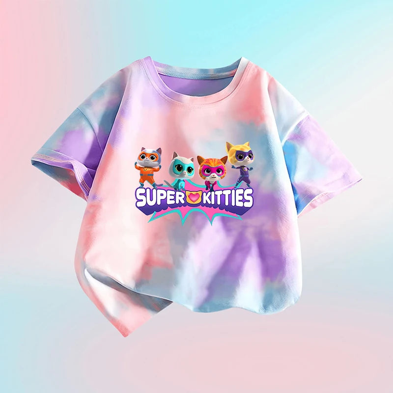 Kawaii Super Kitties Children T-shirt Tops Baby Cute Cat Short Sleeve Casual Clothes Girl Kids Tie Dye Tops Clothing Shirts Gift