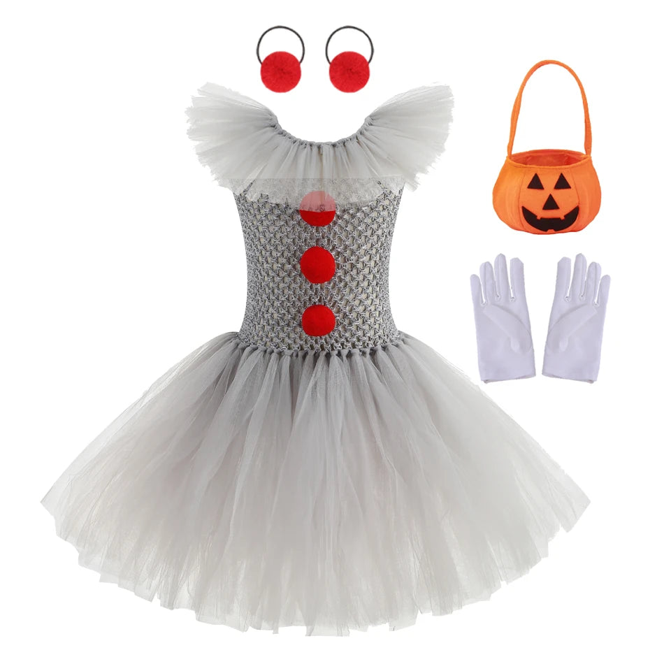 2025 Halloween Cosplay Costume For Kids Gray Joker Girls Tutu Dress Scary Clown Costume Carnival Party Dress Up