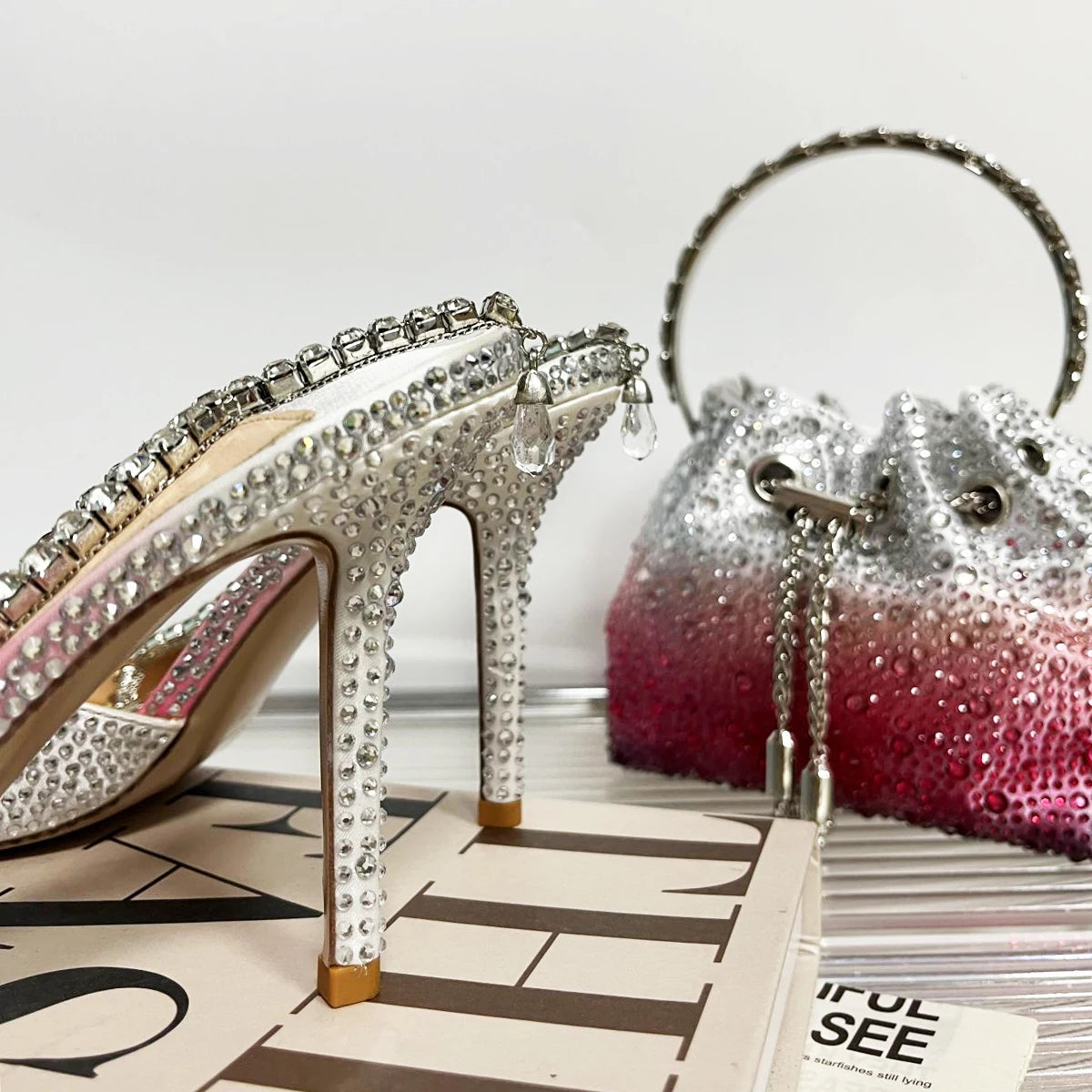 CHMURY Pointed Toe Rhinestone Heels and bag Set for Women Luxury Wedding Party