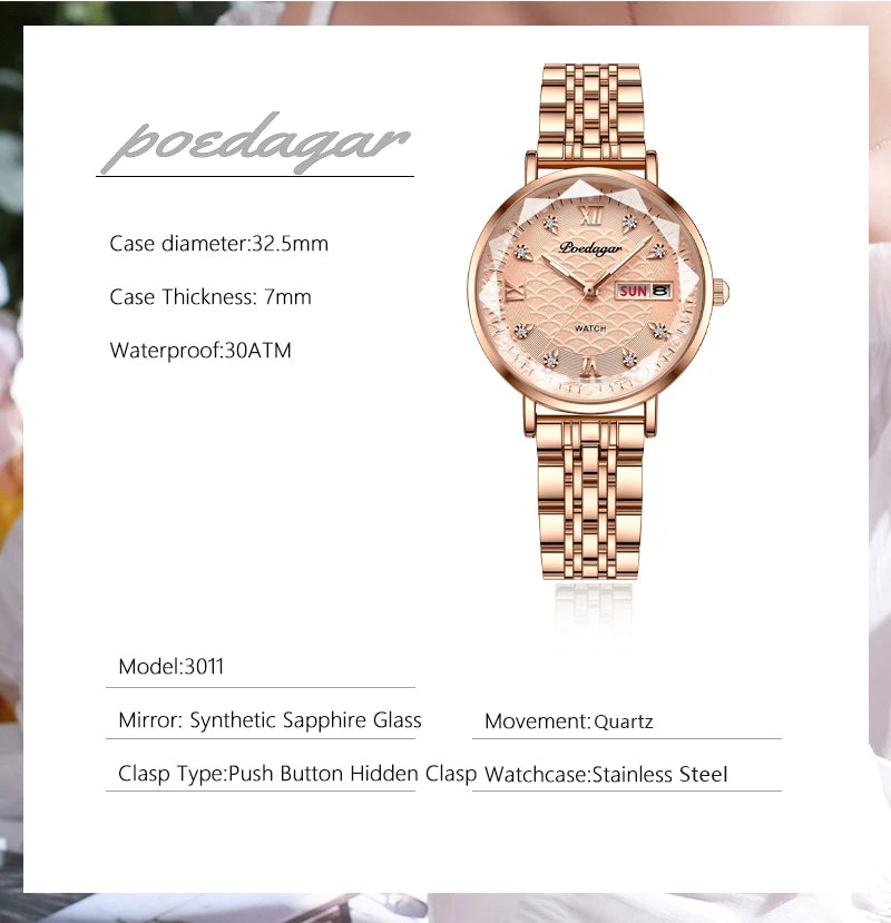 POEDAGAR Fashion Watches For Women Waterproof Luminous Stainless Steel Woman's Wristwatch Luxury Elegant Ladies Watch Gift Reloj