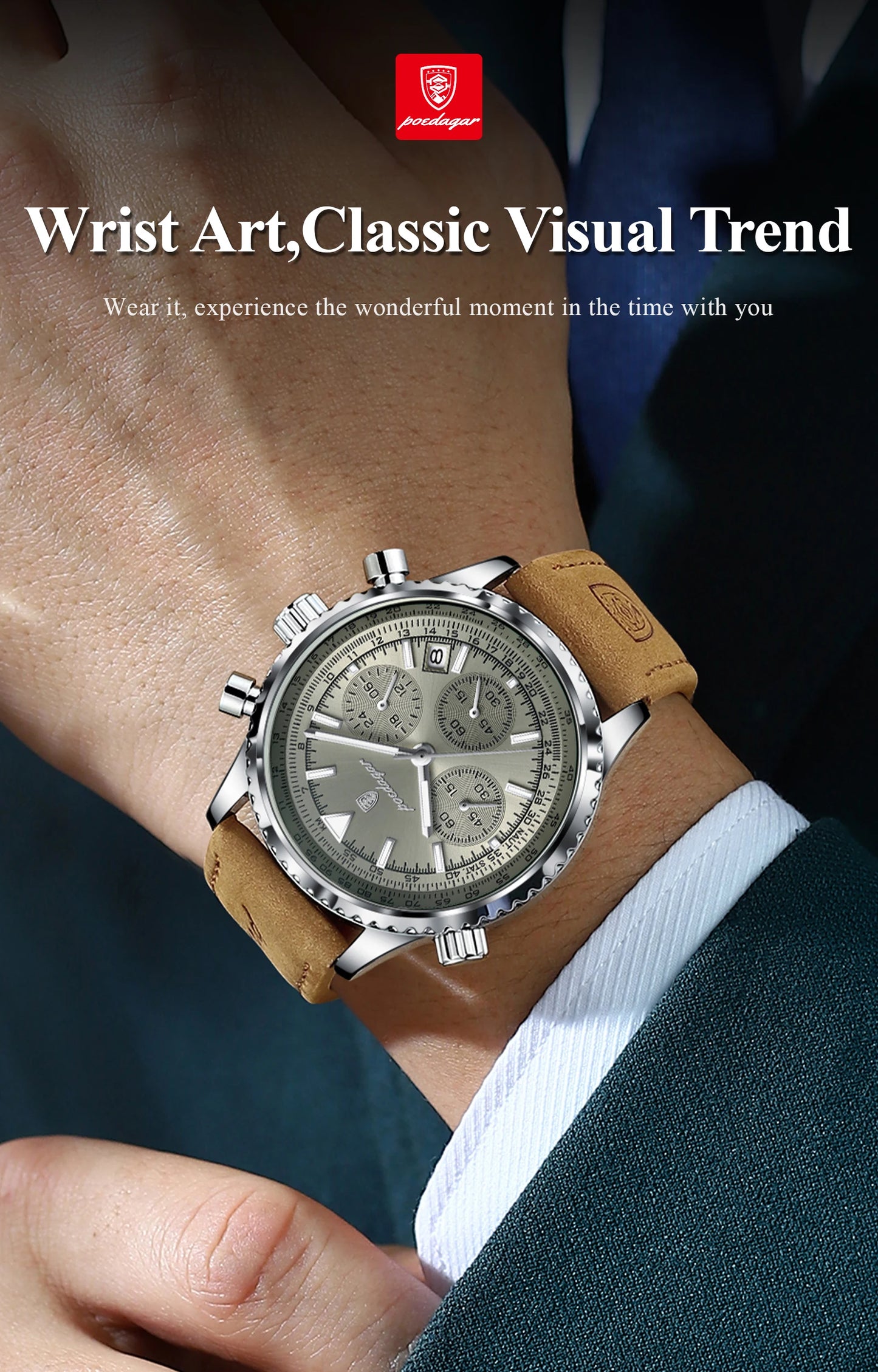 POEDAGAR Fashion High Quality Men Clock Chronograph Waterproof Luminous Calendar Man Wristwatch Leather Quartz Men's Watches+Box