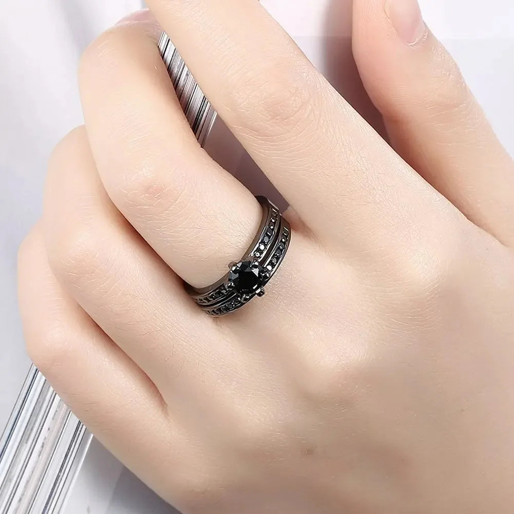 Fashion Couple Rings Women's Black Rhinestones Zirconia Rings Set Men's Stainless Steel Zirconia Rings Wedding Band Jewelry Gift