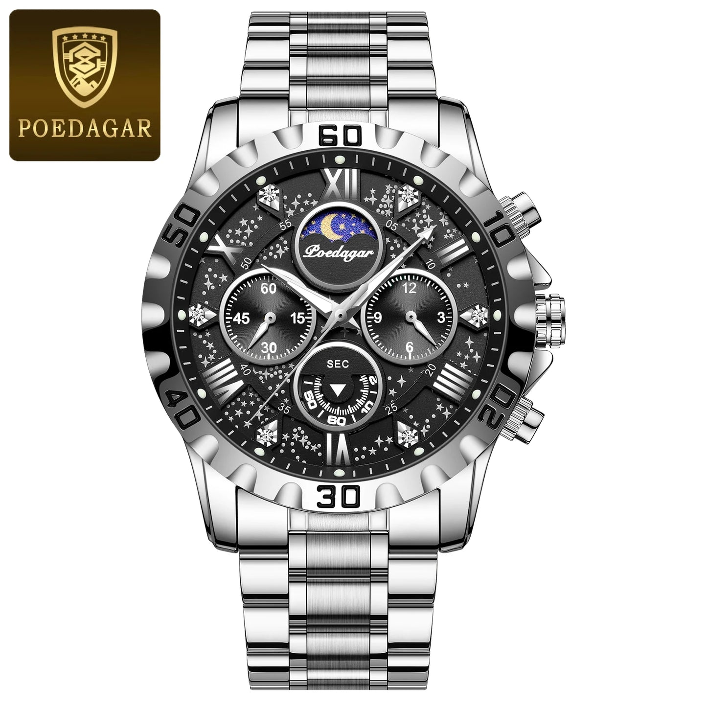 POEDAGAR Luxury Military Watches For Men Stainless Steel Quartz Waterproof Luminous Man Watch Chronograph Sport Men's Wristwatch