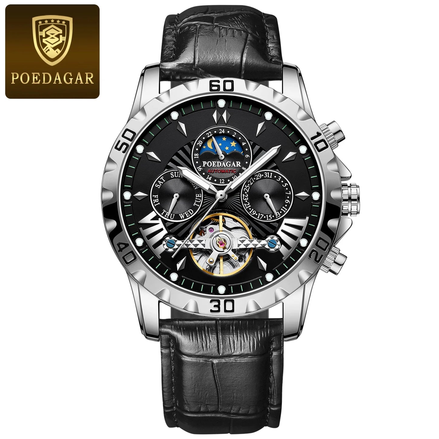 POEDAGAR Luxury Automatic Mechanical Wristwatch Waterproof Luminous Date Week Tourbillon Leather Men Watch Men's Fashion Watches