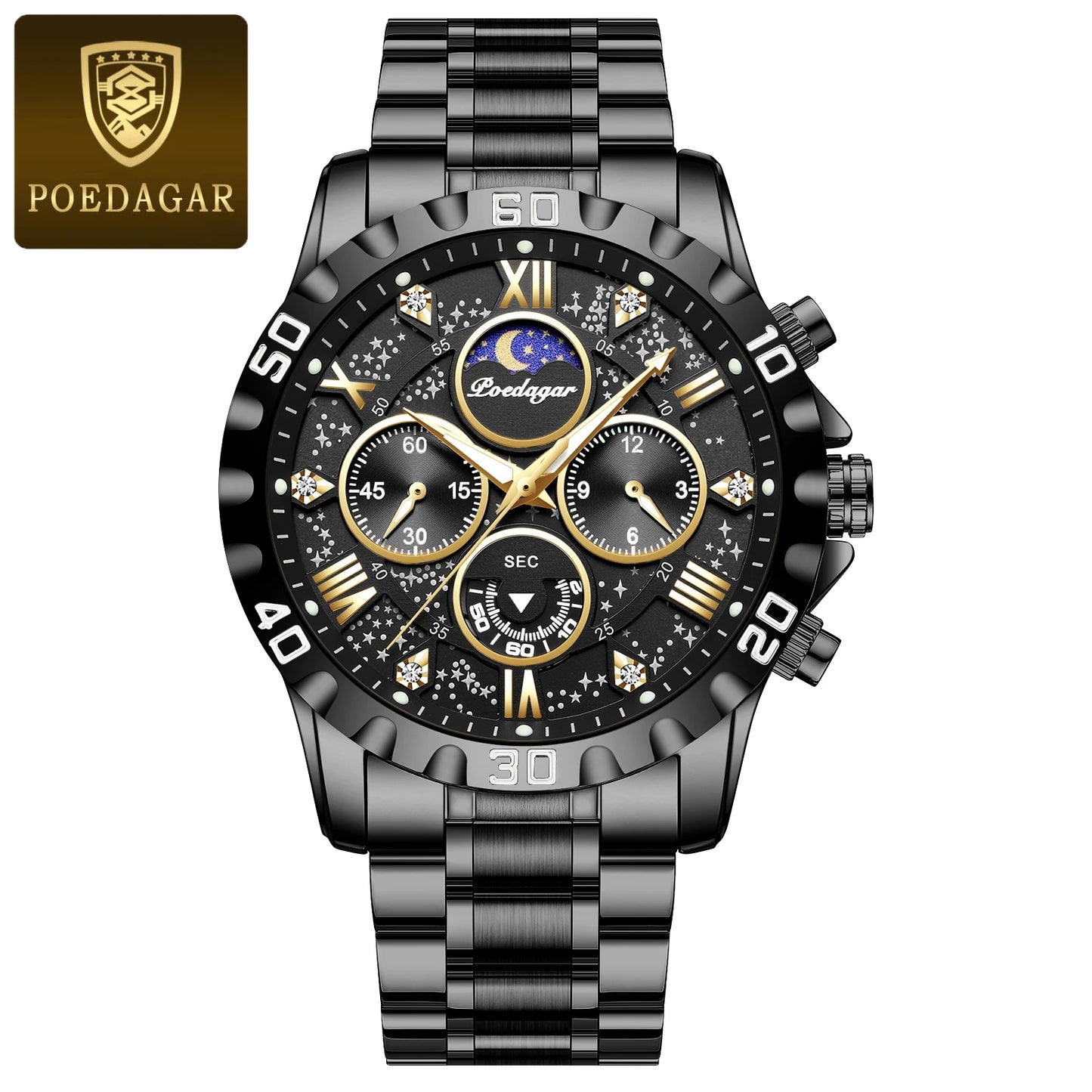 POEDAGAR Luxury Military Watches For Men Stainless Steel Quartz Waterproof Luminous Man Watch Chronograph Sport Men's Wristwatch