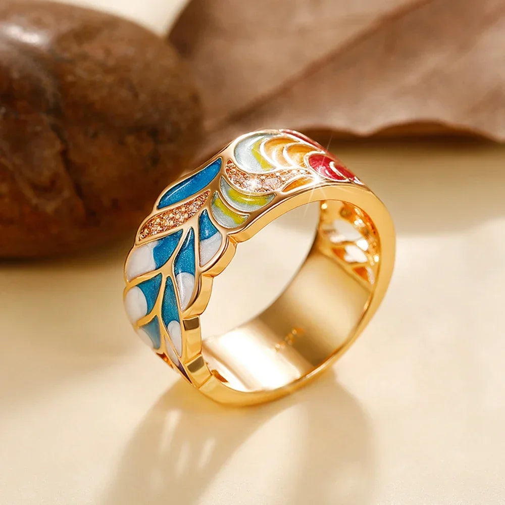 Huitan Newly Designed Colored Enamel Women Rings for Party Aesthetic Pattern  Luxury Gold Color  Fancy Gift Fashion Jewelry