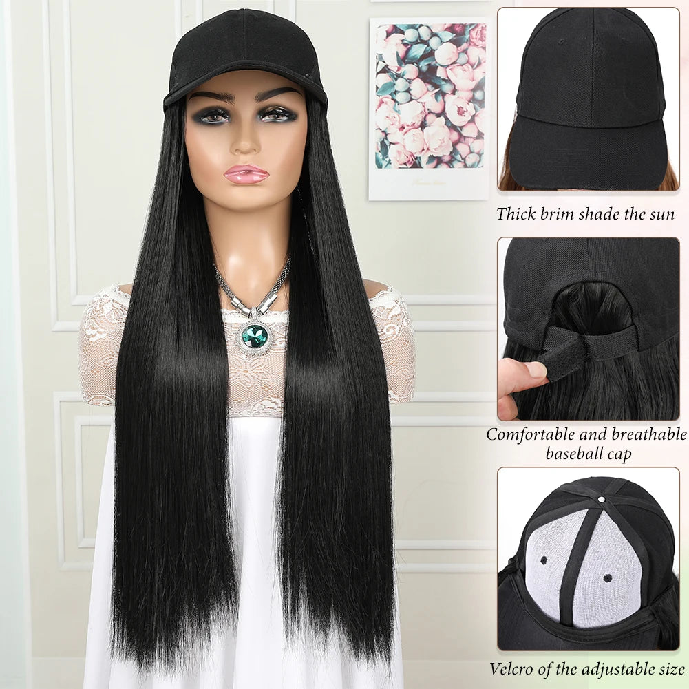 hat wig straight hair Synthetic Long Straight Baseball Cap with Hair Extensions 24 Inch High Quality fiber Adjustable Wig Hat for Women Girls