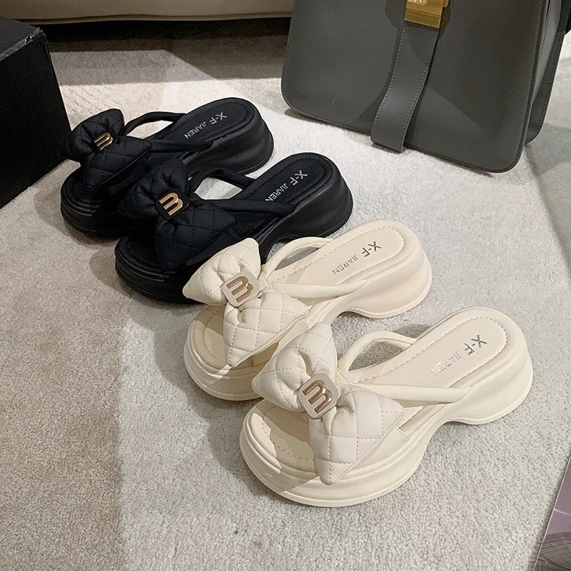 Women's Sandals New Korean Edition Casual Beach Shoes Versatile Thick Sole Shoes Bow Slippers Women's Outwear Summer