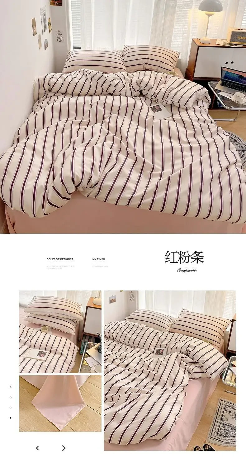 Simple Red and Blue Striped Duvet Cover and Four Piece Bed Sheet Set with Washed Cotton Bedding on the Bed