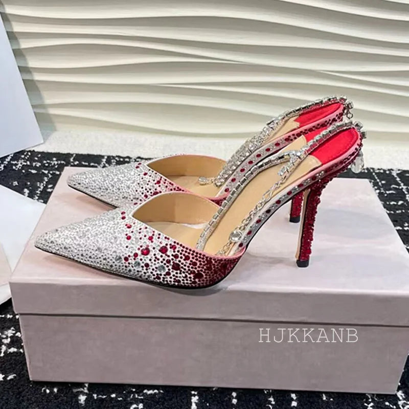 Pointed Toe Thin High Heel Pumps Women Ankle Strap Crystal Single Shoes Bling Rhinestone Sandals Sexy Spring Party Dress Shoes