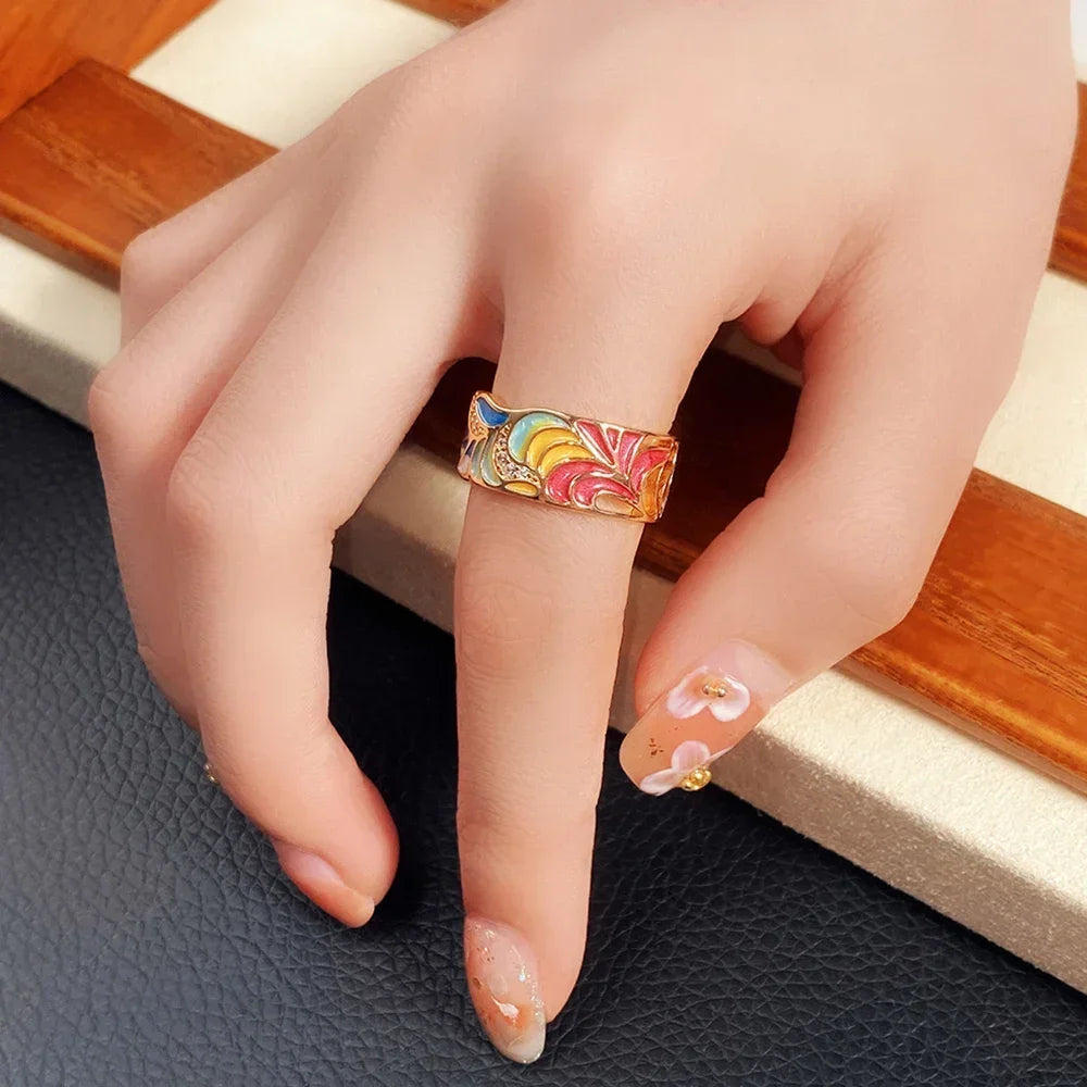Huitan Newly Designed Colored Enamel Women Rings for Party Aesthetic Pattern  Luxury Gold Color  Fancy Gift Fashion Jewelry