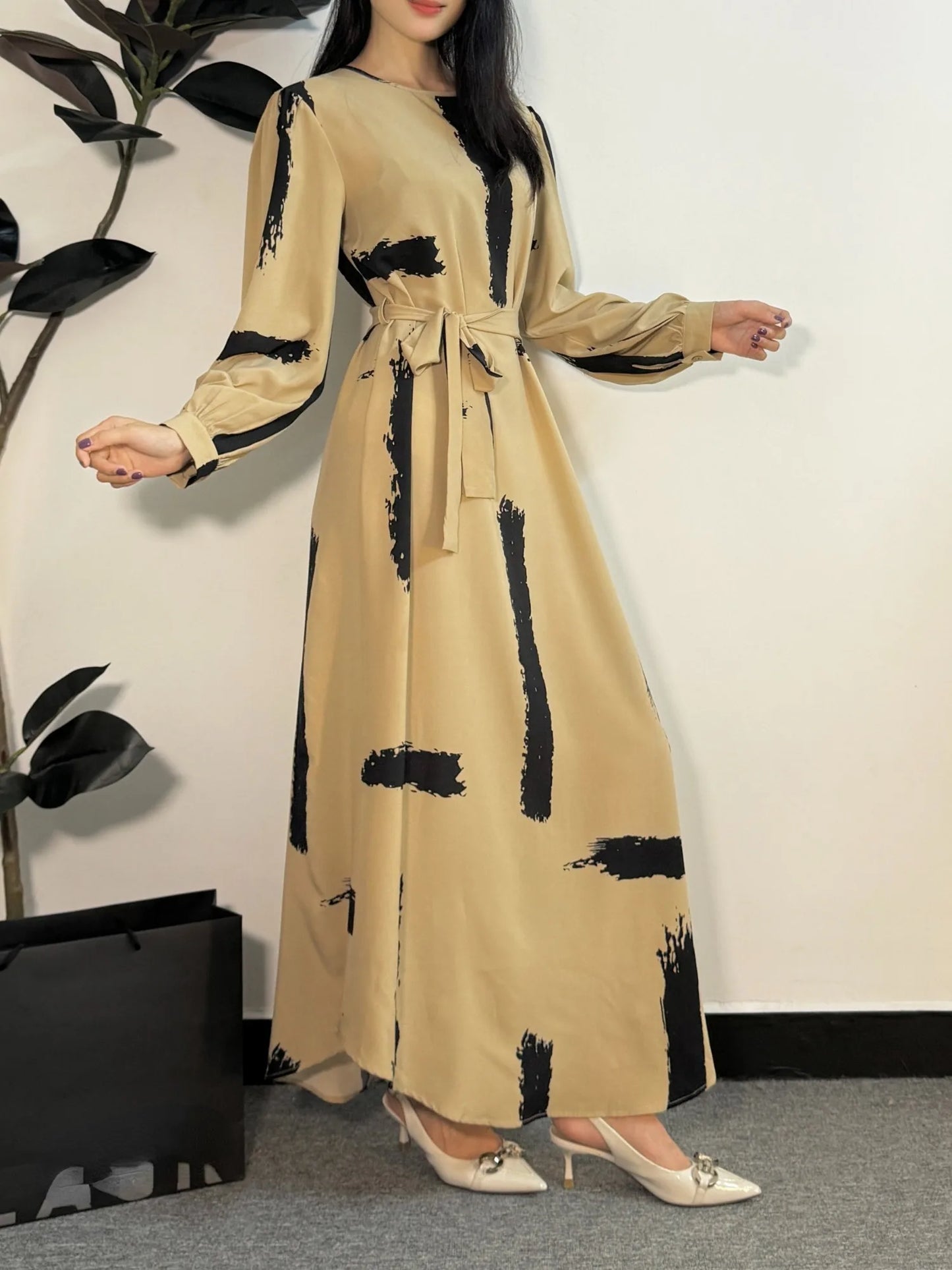 Muslim Dress Women Prayer Dresses Abayas Fashion Female O-neck Full Sleeve A-line Casual Long Ramadan Maxi Dresses With Belt