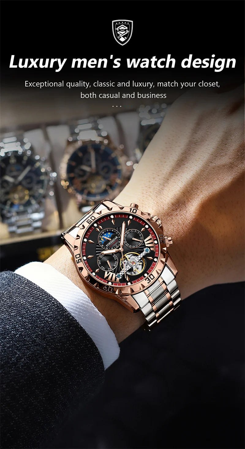 POEDAGAR Brand Luxury Tourbillon Mechanical Watch for Men Waterproof Luminous Date Week Stainless Steel Hollow Watches Men's