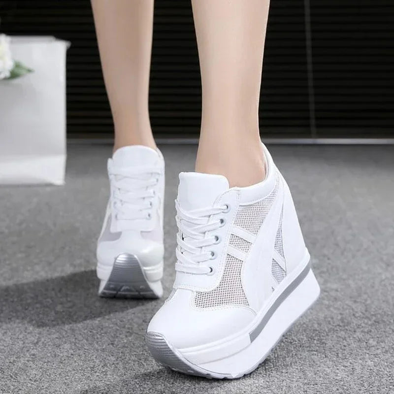 NEW Classic Women Mesh Platform Sneakers White Shoes 10CM High Heel Wedges Outdoor Breathable Casual Shoes Autumn Round Toe 2024
