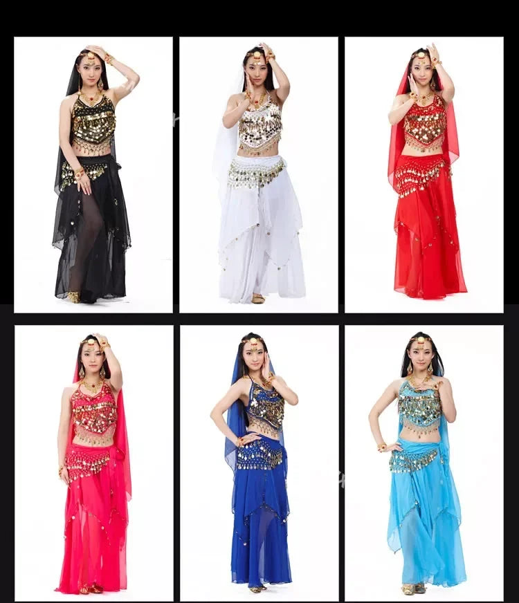 Indian Costume Set 4-pieces Belly Dance Veil Top Coins Hip Scarf Skirt Belly Dance Costume Women