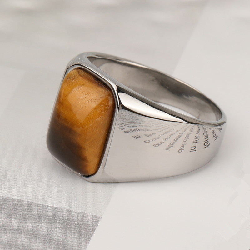Natural Gemstone Tiger Eye Signet Ring Stainless Steel Waterproof Handmade Jewellery Rings for Men Women Father Boyfriend Gift