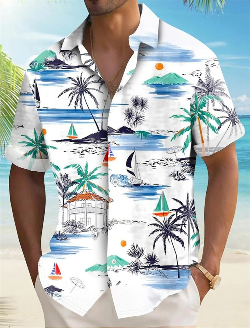 Hawaiian Men's Coconut Palm Tropical Plants Shirt Summer Casual Lapel Short Sleeve Shirts Male Outdoor Travel Oversized Clothing