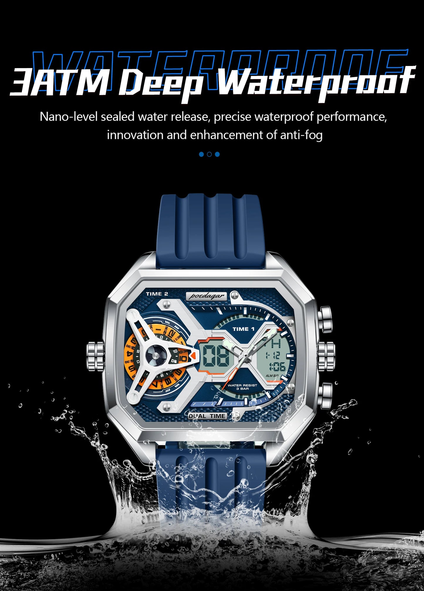 POEDAGAR Top Luxury Men Clock Date Week Luminous LED Man Watch Silicone Strap Electronic Dual Time Fashion Men's Quartz Watches