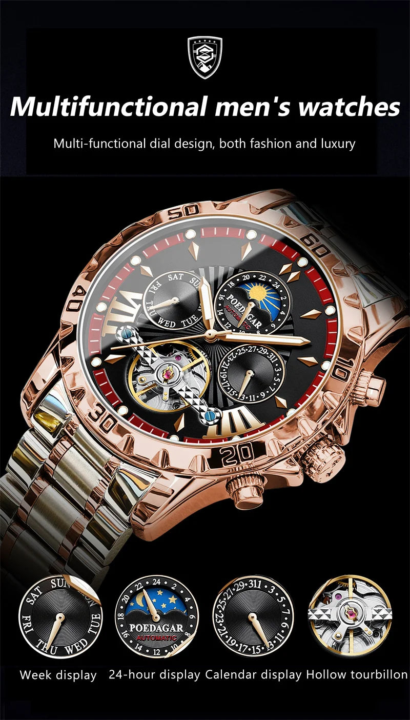 POEDAGAR Brand Luxury Tourbillon Mechanical Watch for Men Waterproof Luminous Date Week Stainless Steel Hollow Watches Men's