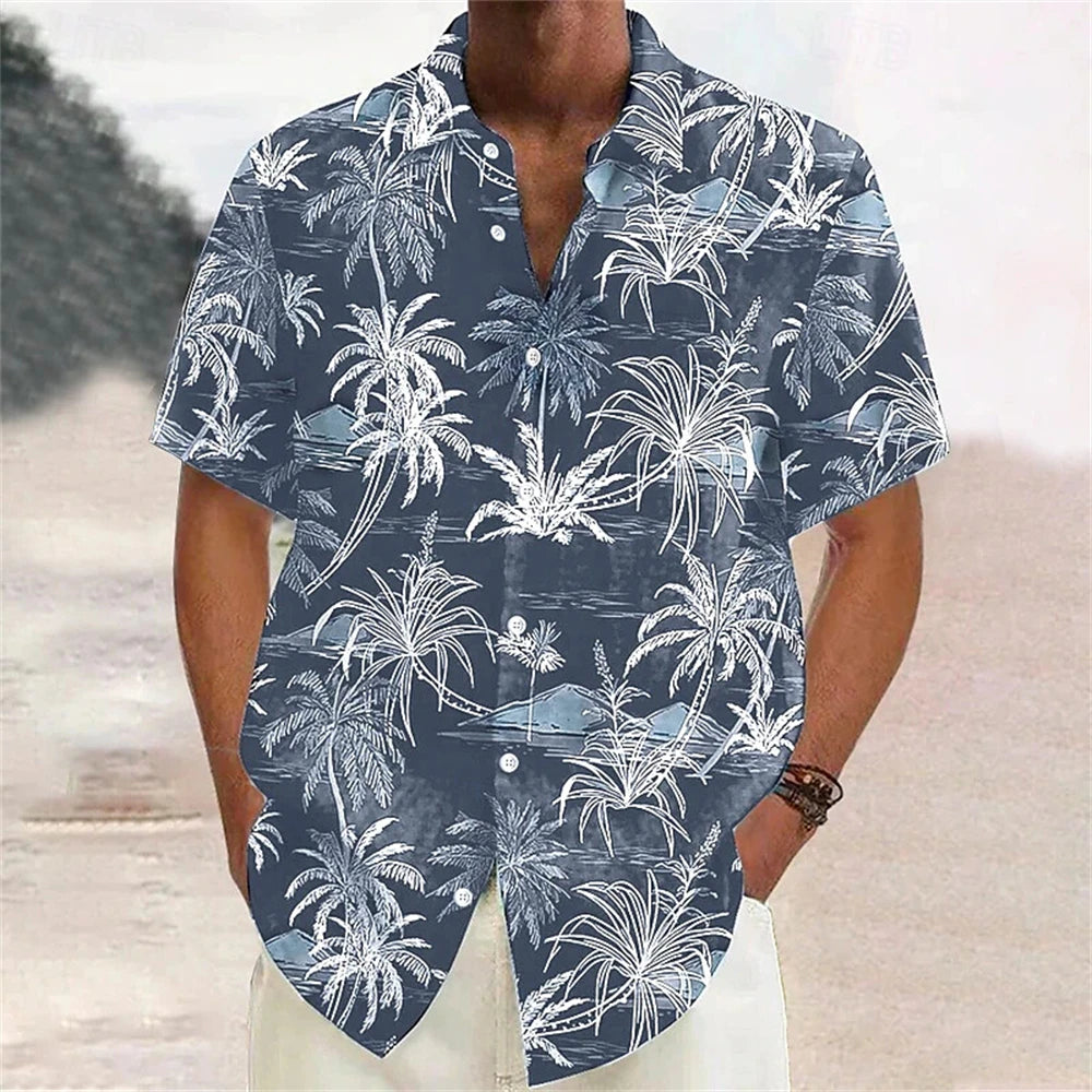 Hawaiian Men's Coconut Palm Tropical Plants Shirt Summer Casual Lapel Short Sleeve Shirts Male Outdoor Travel Oversized Clothing