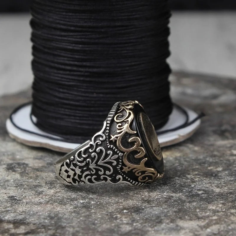 Vintage Hand Engraved Pattern Turkish Signet Ring for Men Fashion Set Green Stone Seal Islamic Muslim Jewelry