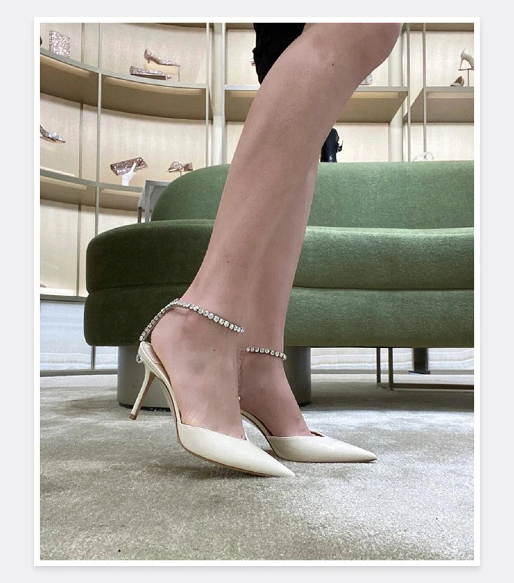 2025 New Mesh Hot Drilled Sexy Versatile Pointed Shallow Mouth Water Diamond Chain High Heels Baotou Sandals for Women