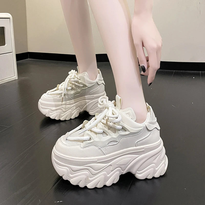 Hidden Heels White Chunky Sneakers Women Breathable Lace Up High Platform Shoes Woman 2025 Autumn Non-Slip Thick Bottom Sneakers