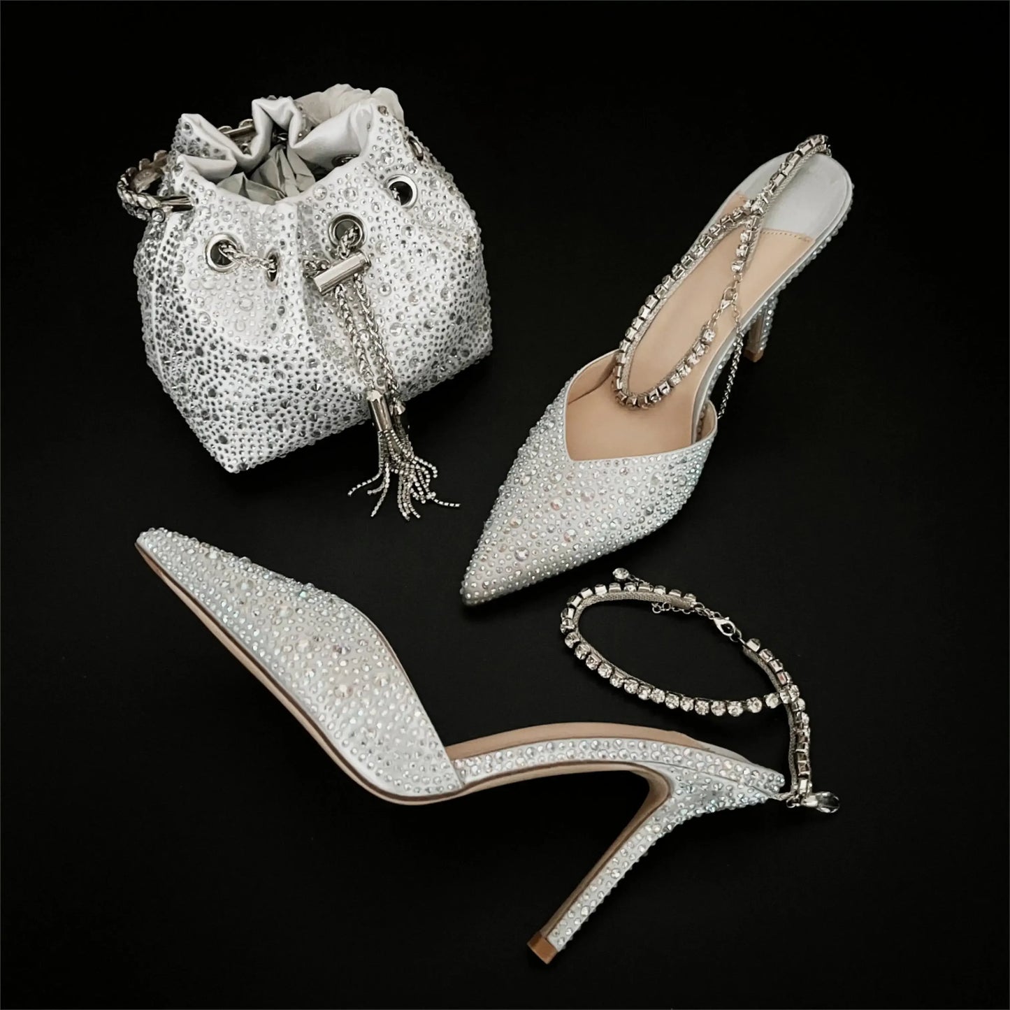 CHMURY Pointed Toe Rhinestone Heels and bag Set for Women Luxury Wedding Party