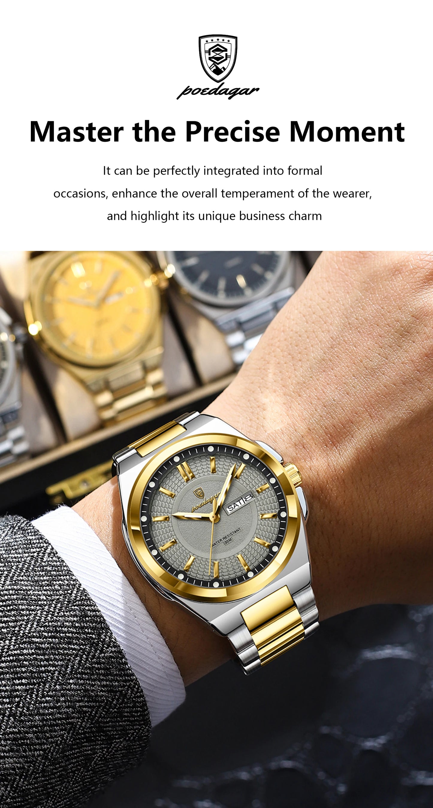 POEDAGAR Luxury Men's Wristwatch Stainless Steel Date Week Man Watch Waterproof Luminous Business Fashion Quartz Watches For Men