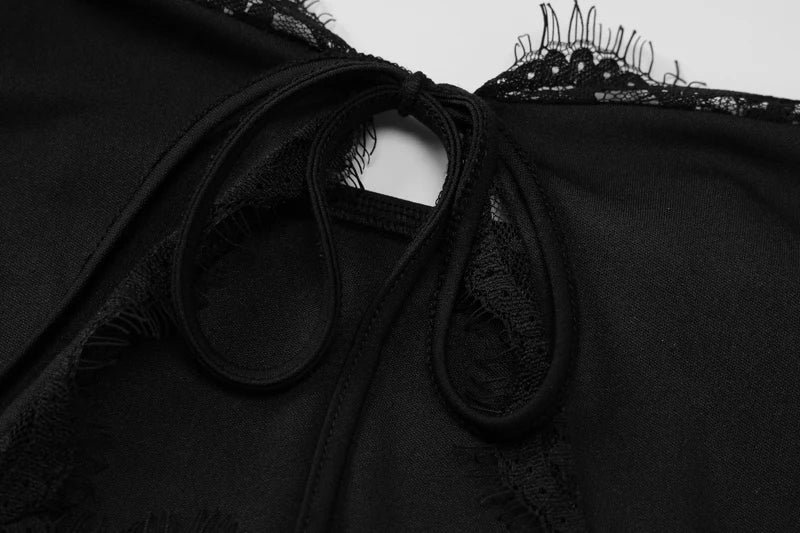 Hugcitar Black Slips Backless Hollow Out Lace Up Sexy Bodycon Elegant Mini Dress Summer Women New Y2K Outfits Festival Nightclub