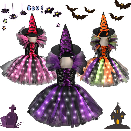 Halloween Costume For Kids Girls Witch Cosplay Tutu Knee LED Dress With Hat Broom Children Carnival Vestidos Fancy Clothes New