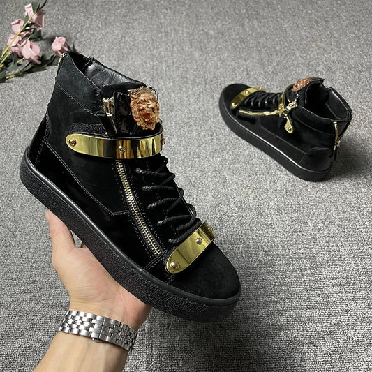 Men's High-Top Leather Casual Shoes - Designer Sneakers with Metal Buckle