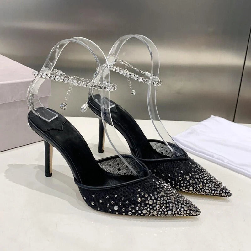 2025 New Mesh Hot Drilled Sexy Versatile Pointed Shallow Mouth Water Diamond Chain High Heels Baotou Sandals for Women
