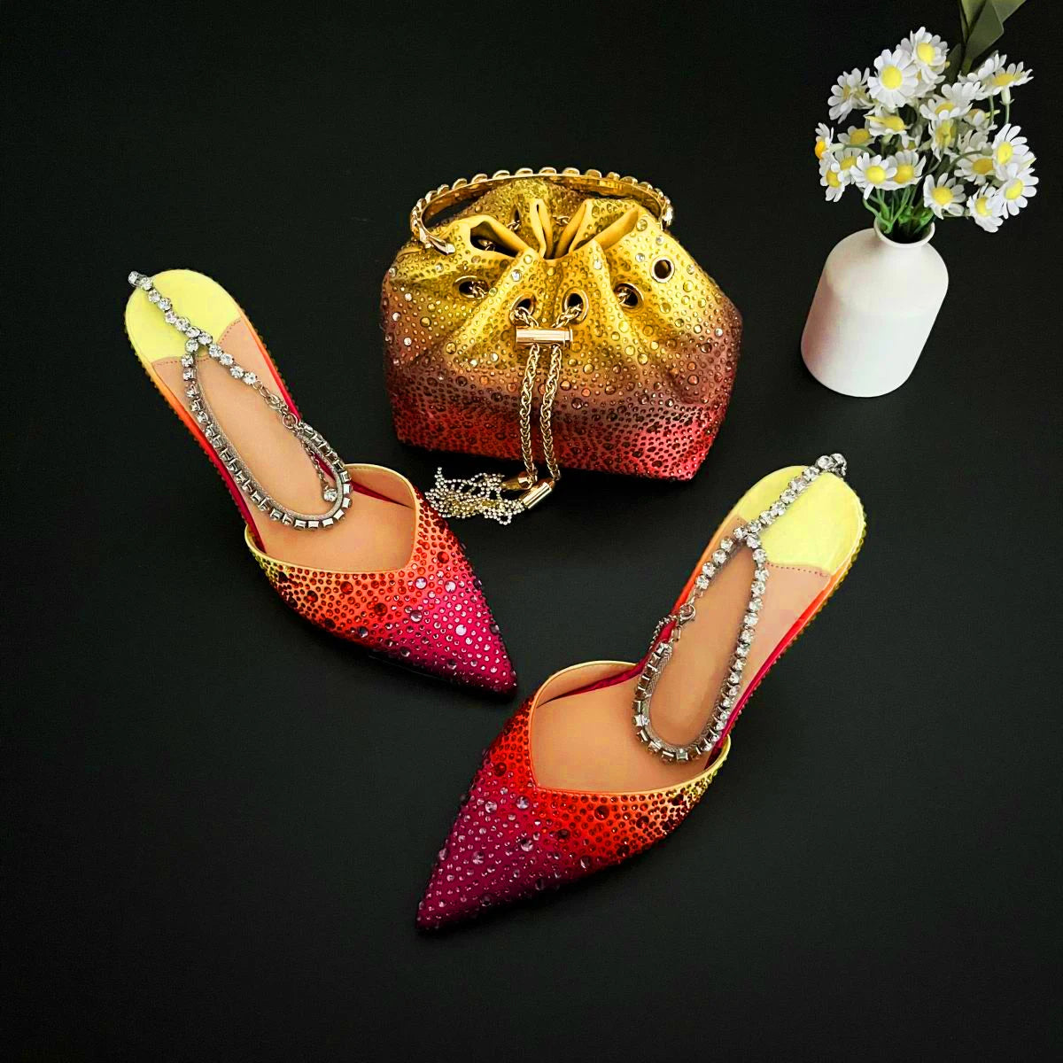 CHMURY Pointed Toe Rhinestone Heels and bag Set for Women Luxury Wedding Party