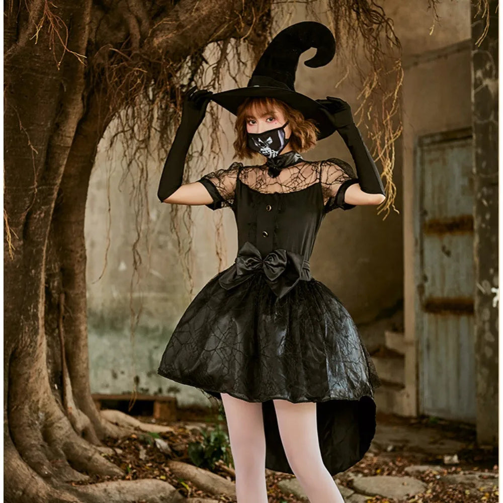 Halloween Black Mesh Hollow Witch Tailcoat Costume: Gothic Sorceress Cosplay Outfit for Party Performances
